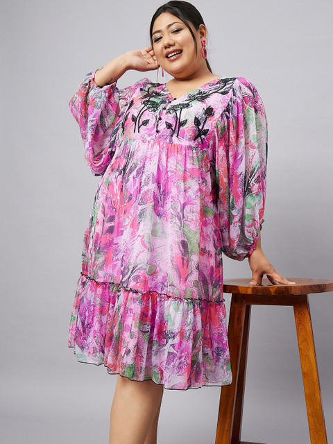 Antheaa Curve Plus Size Floral Printed Puff Sleeves Chiffon Fit and Flare Dress - Image 7