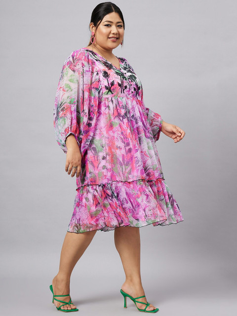 Antheaa Curve Plus Size Floral Printed Puff Sleeves Chiffon Fit and Flare Dress - Image 3