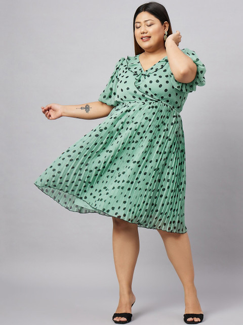 Antheaa Curve Plus Size Polka Dots Printed Chiffon Fit and Flare Dress