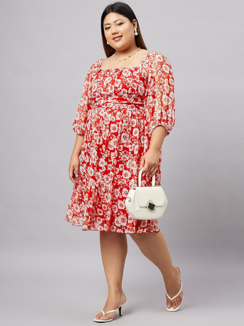 Antheaa Curve Plus Size Floral Printed Puff Sleeves Fit & Flare Dress - Image 6