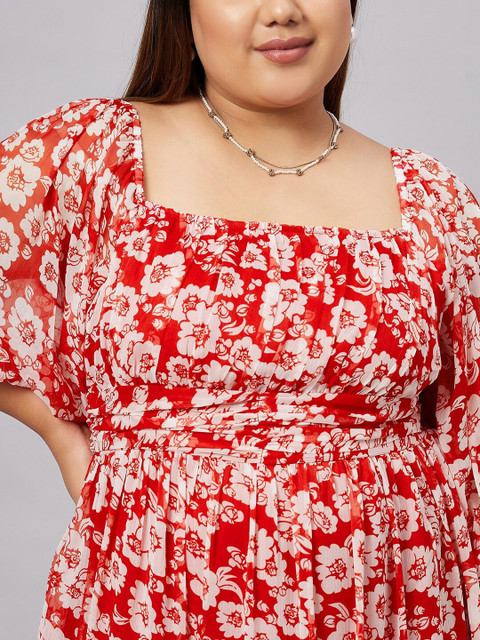Antheaa Curve Plus Size Floral Printed Puff Sleeves Fit & Flare Dress - Image 2