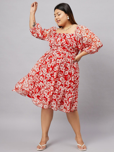 Antheaa Curve Plus Size Floral Printed Puff Sleeves Fit & Flare Dress