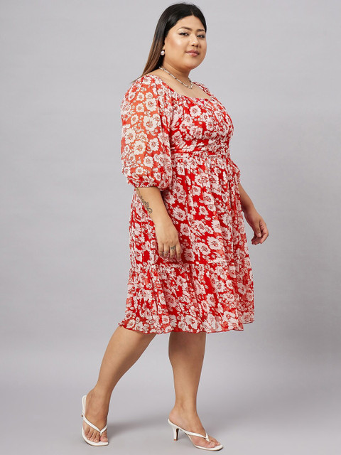 Antheaa Curve Plus Size Floral Printed Puff Sleeves Fit & Flare Dress - Image 3