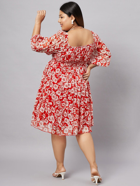Antheaa Curve Plus Size Floral Printed Puff Sleeves Fit & Flare Dress - Image 5