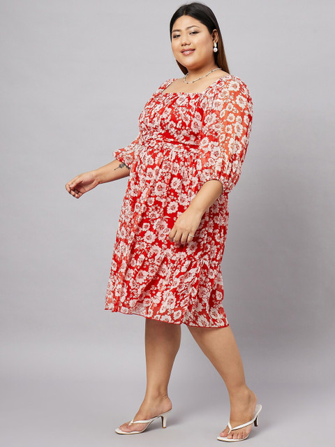 Antheaa Curve Plus Size Floral Printed Puff Sleeves Fit & Flare Dress - Image 4
