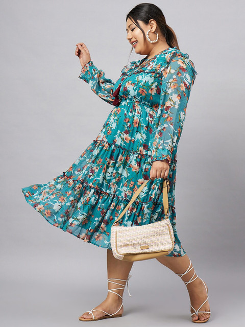 Antheaa Curve Plus Size Floral Printed Chiffon Fit and Flare Tiered Midi Dress - Image 7