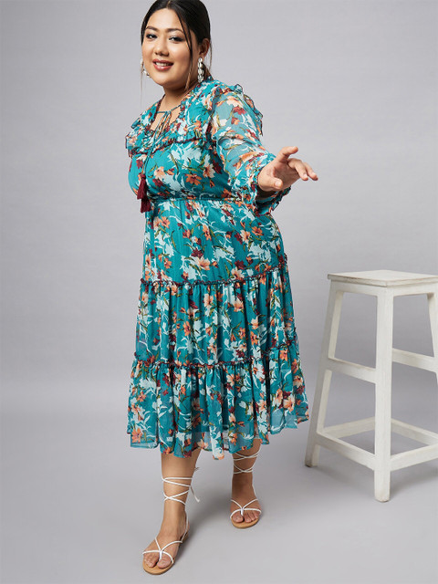 Antheaa Curve Plus Size Floral Printed Chiffon Fit and Flare Tiered Midi Dress - Image 6