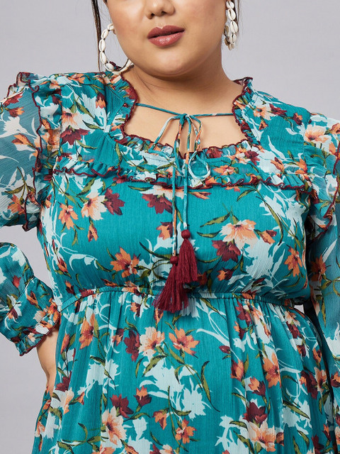 Antheaa Curve Plus Size Floral Printed Chiffon Fit and Flare Tiered Midi Dress - Image 2