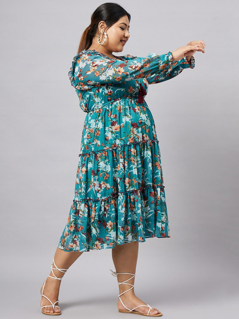 Antheaa Curve Plus Size Floral Printed Chiffon Fit and Flare Tiered Midi Dress - Image 3