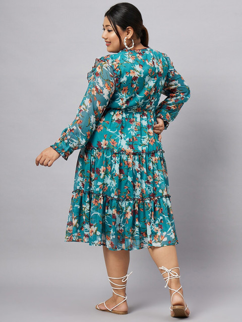 Antheaa Curve Plus Size Floral Printed Chiffon Fit and Flare Tiered Midi Dress - Image 5