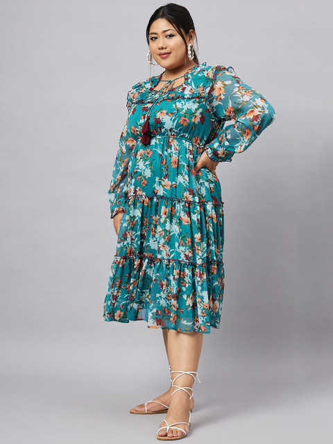 Antheaa Curve Plus Size Floral Printed Chiffon Fit and Flare Tiered Midi Dress - Image 4