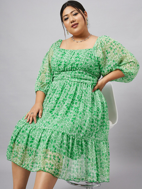 Antheaa Curve Plus Size Floral Printed Puff Sleeves Gathered & Tiered Chiffon Empire Dress - Image 7
