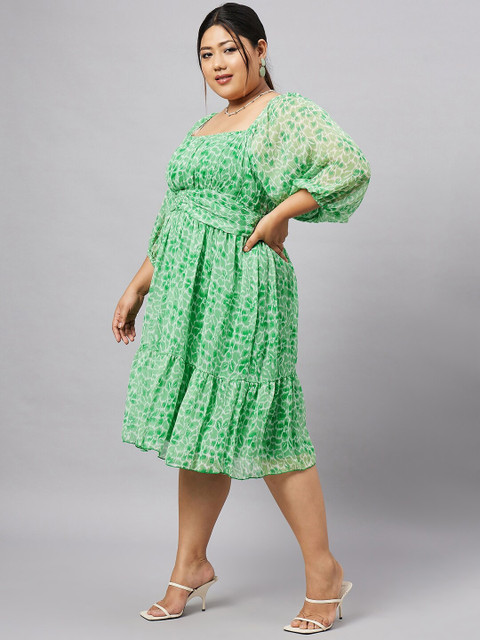 Antheaa Curve Plus Size Floral Printed Puff Sleeves Gathered & Tiered Chiffon Empire Dress - Image 4