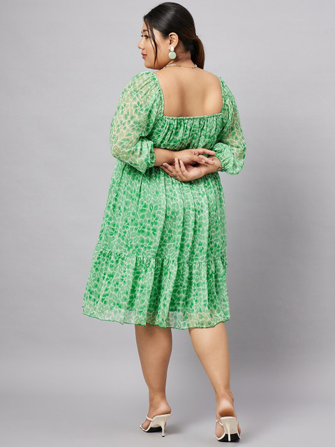 Antheaa Curve Plus Size Floral Printed Puff Sleeves Gathered & Tiered Chiffon Empire Dress - Image 5