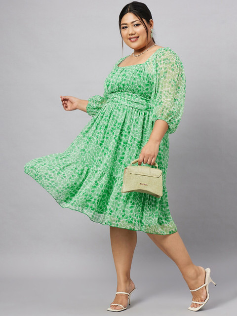 Antheaa Curve Plus Size Floral Printed Puff Sleeves Gathered & Tiered Chiffon Empire Dress - Image 6