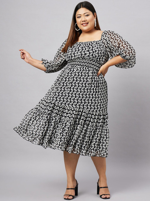 Antheaa Curve Plus Size Geometric Printed Puff Sleeves Fit & Flared Midi Dress