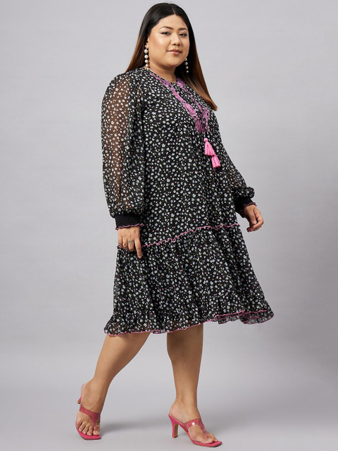 Antheaa Curve Plus Size Floral Printed Tie-Up Neck Puff Sleeve Chiffon A-Line Dress - Image 3