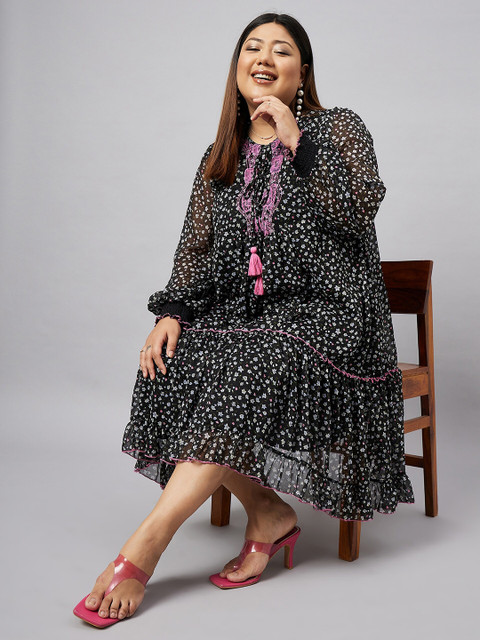 Antheaa Curve Plus Size Floral Printed Tie-Up Neck Puff Sleeve Chiffon A-Line Dress - Image 7