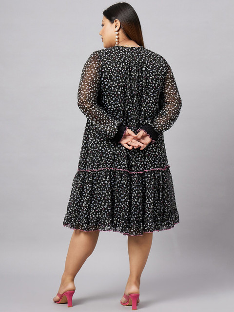 Antheaa Curve Plus Size Floral Printed Tie-Up Neck Puff Sleeve Chiffon A-Line Dress - Image 5