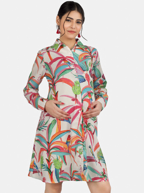 angloindu Tropical Printed Shirt Collar Maternity Shirt Dress