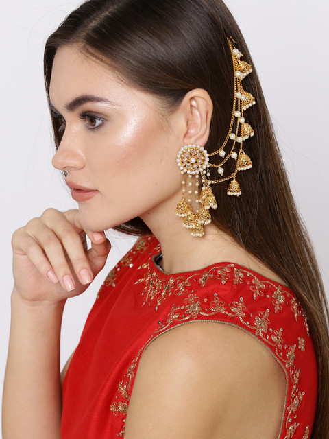YouBella Off-White Gold-Plated Beaded Jhumkas with Ear Chains
