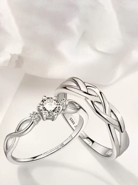 KARISHMA KREATIONS Set Of 2 Silver-Plated AD-Studded Couple Adjustable Finger Rings - Image 2