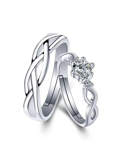 KARISHMA KREATIONS Set Of 2 Silver-Plated AD-Studded Couple Adjustable Finger Rings - Image 3