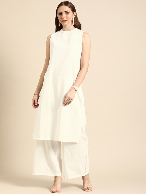 Anouk Women Solid Round Neck Cotton Kurta