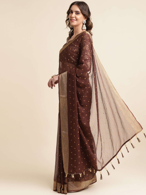 Mitera Coffee Brown & Gold-Toned Floral Printed Zari Border Pure Chiffon Saree - Image 2