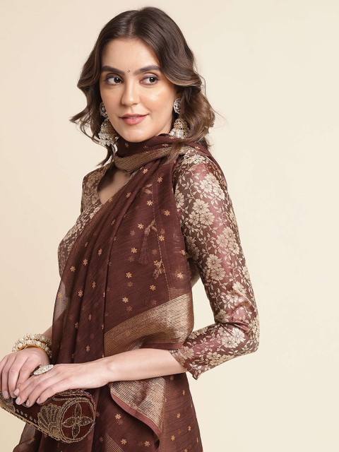 Mitera Coffee Brown & Gold-Toned Floral Printed Zari Border Pure Chiffon Saree - Image 5