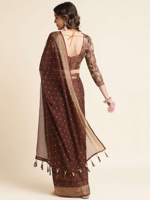 Mitera Coffee Brown & Gold-Toned Floral Printed Zari Border Pure Chiffon Saree - Image 3