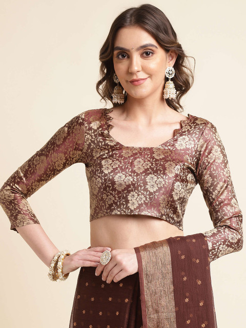 Mitera Coffee Brown & Gold-Toned Floral Printed Zari Border Pure Chiffon Saree - Image 7