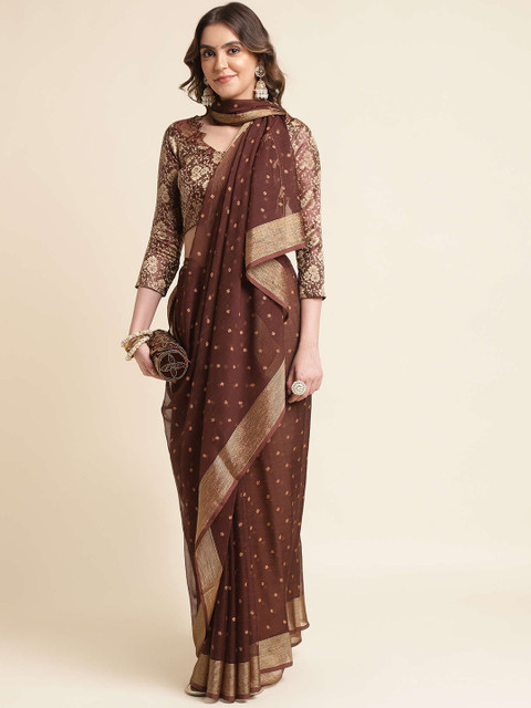 Mitera Coffee Brown & Gold-Toned Floral Printed Zari Border Pure Chiffon Saree - Image 4