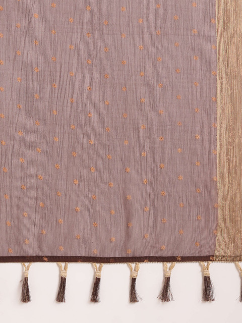 Mitera Coffee Brown & Gold-Toned Floral Printed Zari Border Pure Chiffon Saree - Image 6