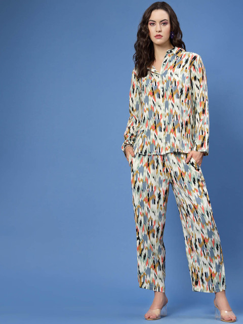 plusS Beige & Black Abstract Printed Shirt Collar Shirt With Trousers