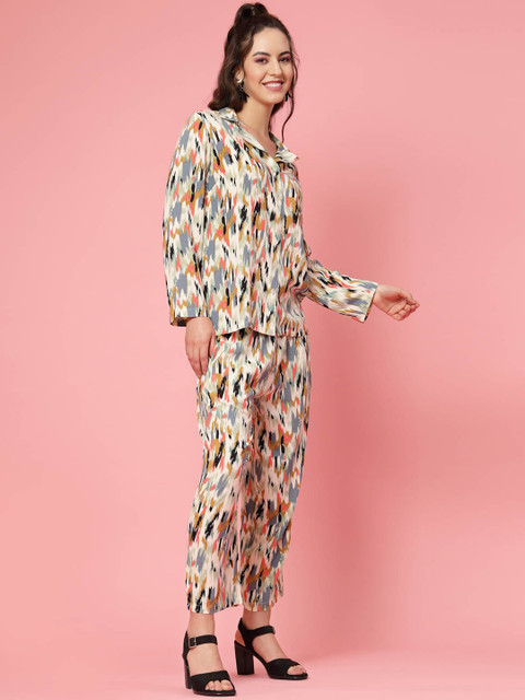 plusS Beige & Yellow Abstract Printed Lapel Collar Shirt & Trouser - Image 3