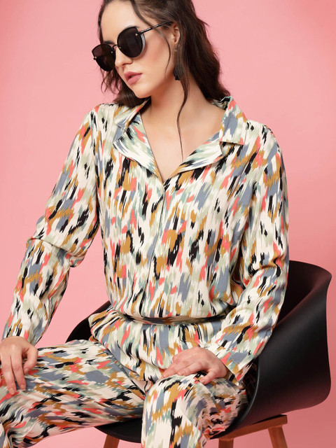 plusS Beige & Yellow Abstract Printed Lapel Collar Shirt & Trouser - Image 7