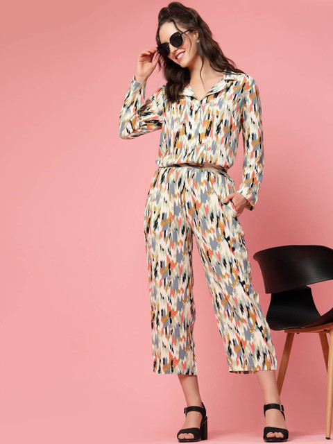 plusS Beige & Yellow Abstract Printed Lapel Collar Shirt & Trouser - Image 5