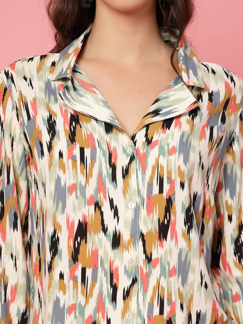 plusS Beige & Yellow Abstract Printed Lapel Collar Shirt & Trouser - Image 2