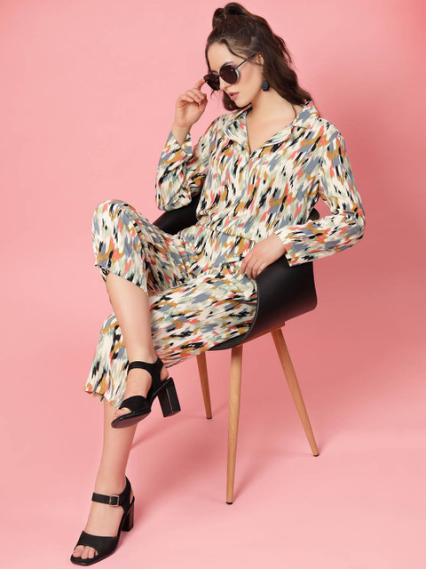 plusS Beige & Yellow Abstract Printed Lapel Collar Shirt & Trouser - Image 6