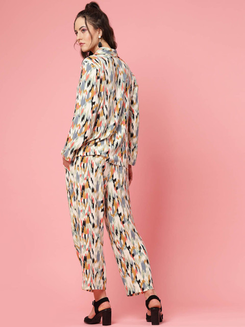 plusS Beige & Yellow Abstract Printed Lapel Collar Shirt & Trouser - Image 4