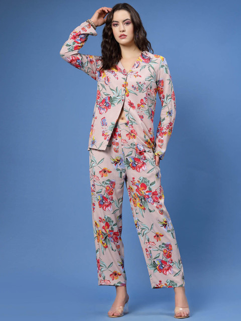 plusS Floral Printed Shirt Collar Top With Trousers