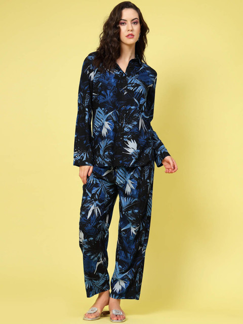 plusS Navy Blue & White Printed Shirt Collar Shirt & Trouser