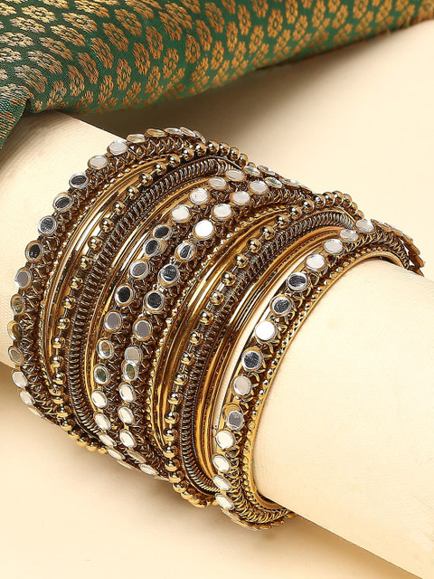 OOMPH Set Of 14 Gold-Plated Antique Mirror Studded Bangles