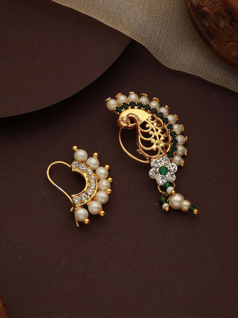 Jazz and Sizzle Set Of 2 Gold-Plated AD Stone-Studded & Pearl Beaded Nosepin