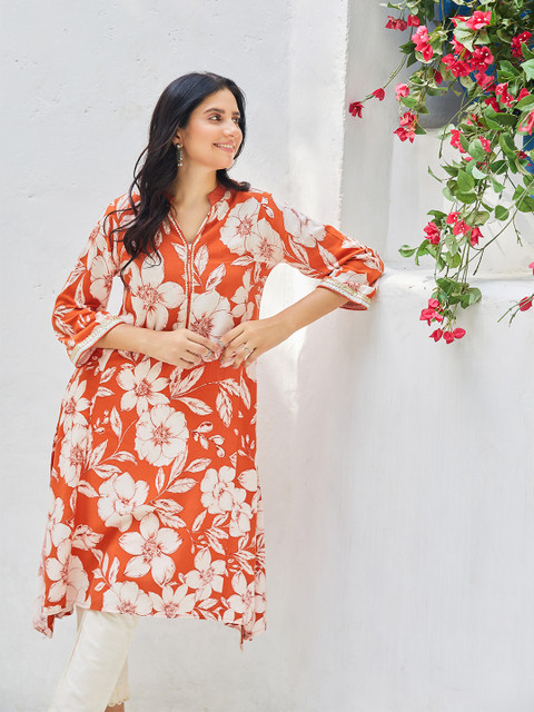 Biba Floral Printed Mandarin Collar Sequined Work Asymmetric A-Line Kurta