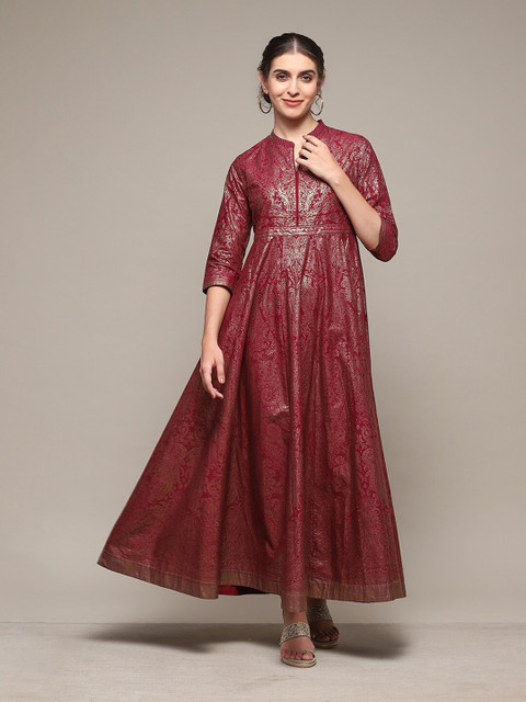 Biba Ethnic Motifs Printed Mandarin Collar Gathered Cotton Fit & Flare Maxi Ethnic Dress