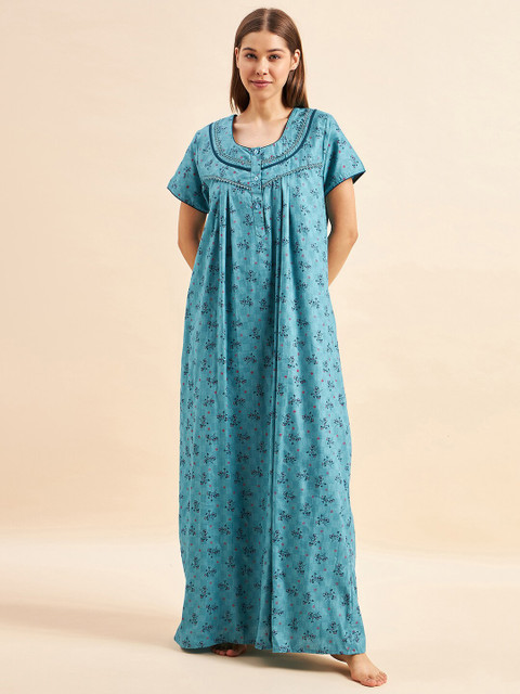 Sweet Dreams Blue Floral Printed Pure Cotton Maxi Nightdress