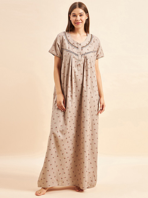 Sweet Dreams Khaki Floral Printed Pure Cotton Maxi Nightdress
