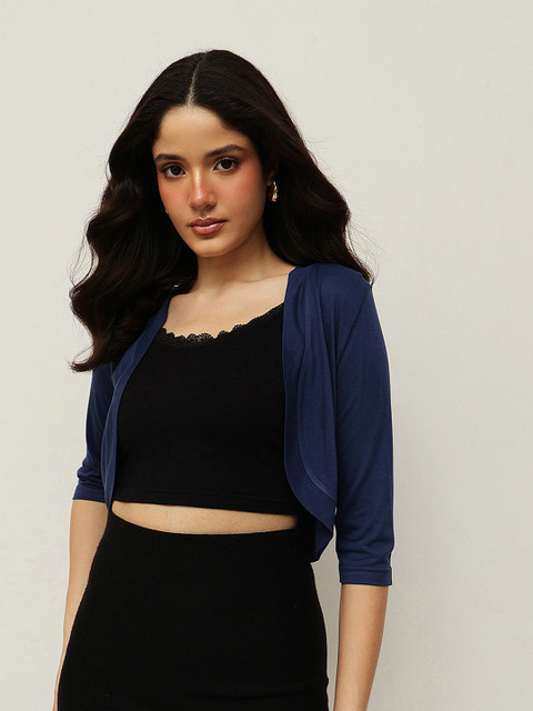 Espresso Navy Blue Solid Open Front Shrug